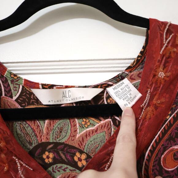 Vintage ALC At Last Classics Red Paisley Beaded Blouse S Boho Autumn Fall Fairy - Picture 5 of 8